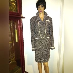 CARLISLE 8/10 BOUCLE EYELASH BLACK WHITE WOOL BLEND GROSGRAIN TAILOR SKIRT SUIT